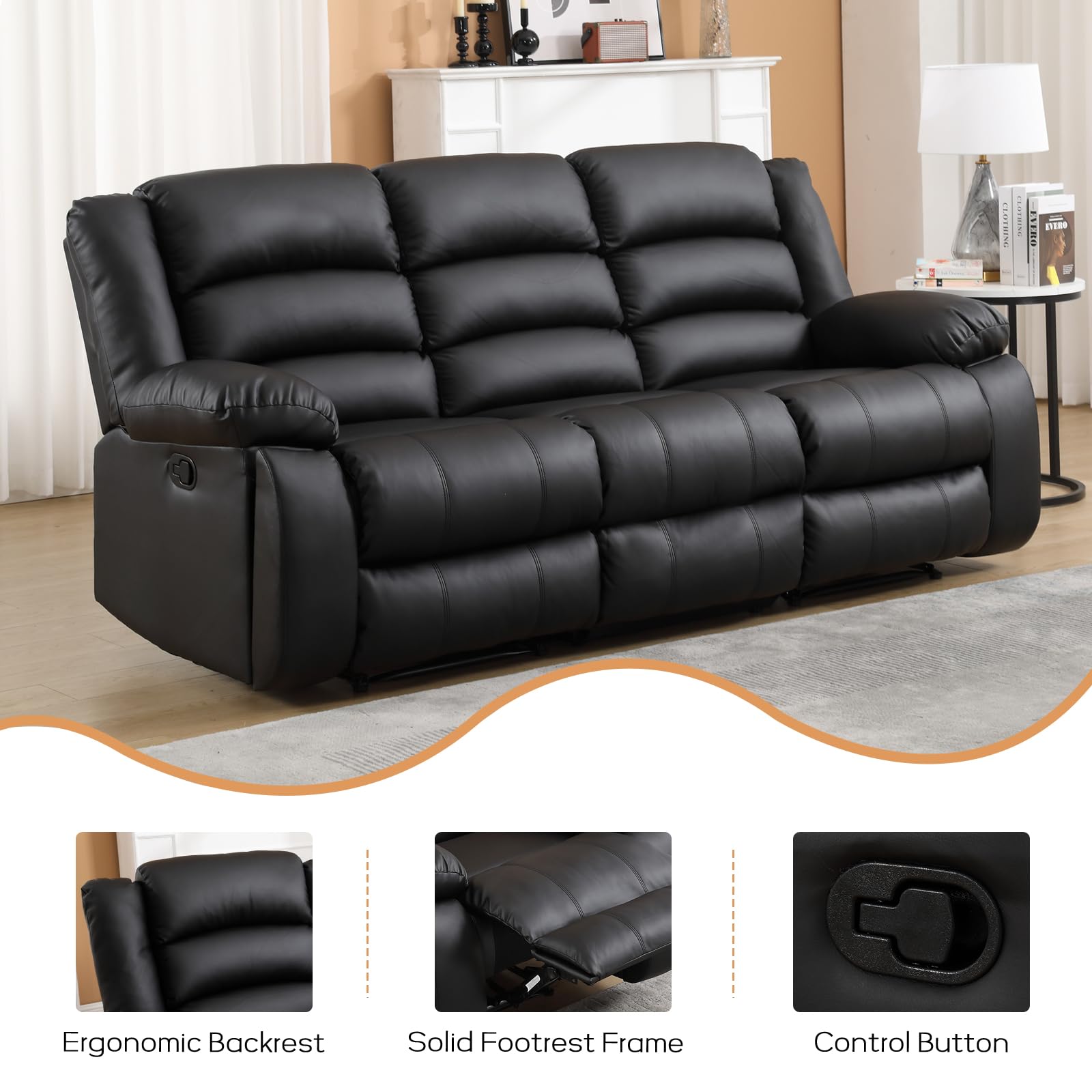 EBELLO Faux Leather Manual Reclining Sofa with 2 Concealed Cup Holders,Overstuffed Armrest 3 Seat Recliner Sofa, Couch for Living Room, Bedroom, Meeting Room, Black, Sofa