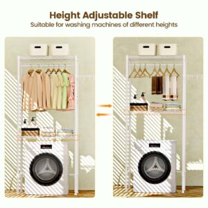 Memobarco Over Washer and Dryer Shelves, 2 Tiers Metal Clothes Drying Rack, Laundry Room Bathroom Organization, Space Saving Freestanding Closet Organizer Storage with Wire Shelves Side Hooks, White