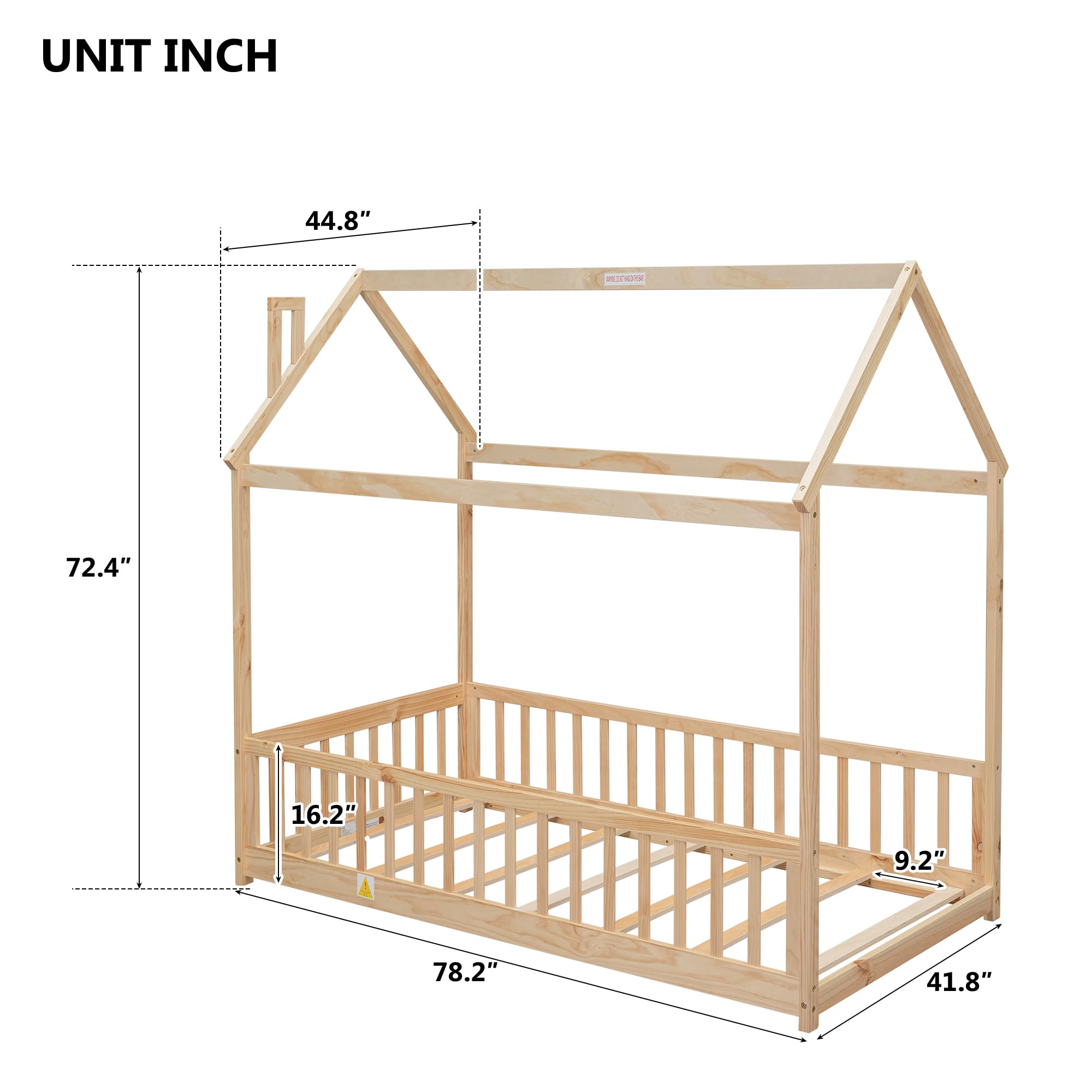 MERITLINE Twin Size Floor Bed for Kids, Wooden Twin Montessori Floor Bed Frame with Rails and Slats, Twin House Bed for Kids, Girls & Boys, Natural