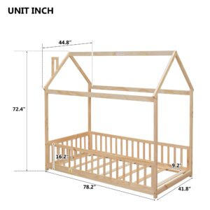 LLS Twin Floor Bed with Slats, Wooden Montessori Bed with Fence, House Bed Frame for Boys Girls Bedroom, Natural