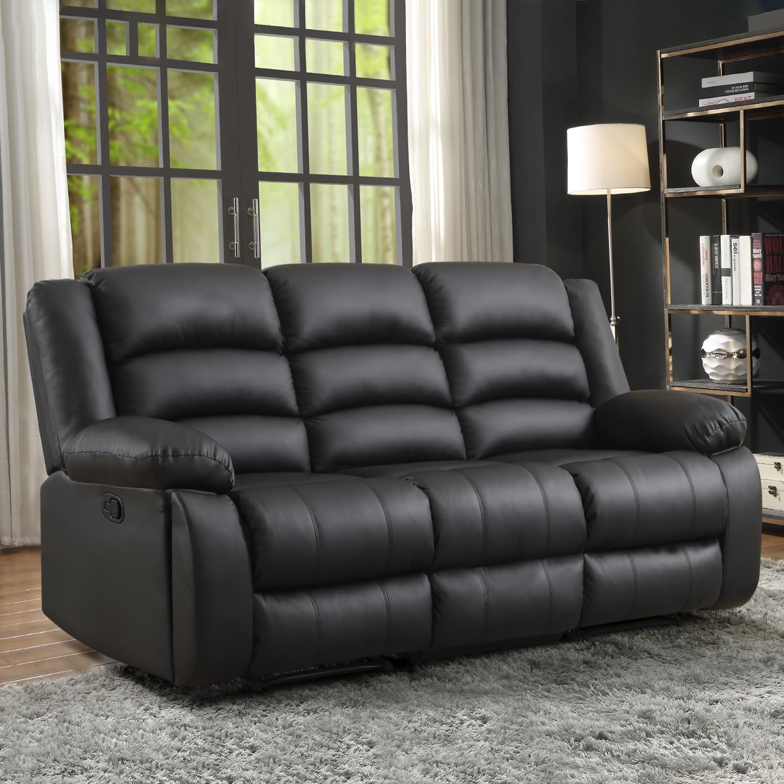 EBELLO Faux Leather Manual Reclining Sofa with 2 Concealed Cup Holders,Overstuffed Armrest 3 Seat Recliner Sofa, Couch for Living Room, Bedroom, Meeting Room, Black, Sofa