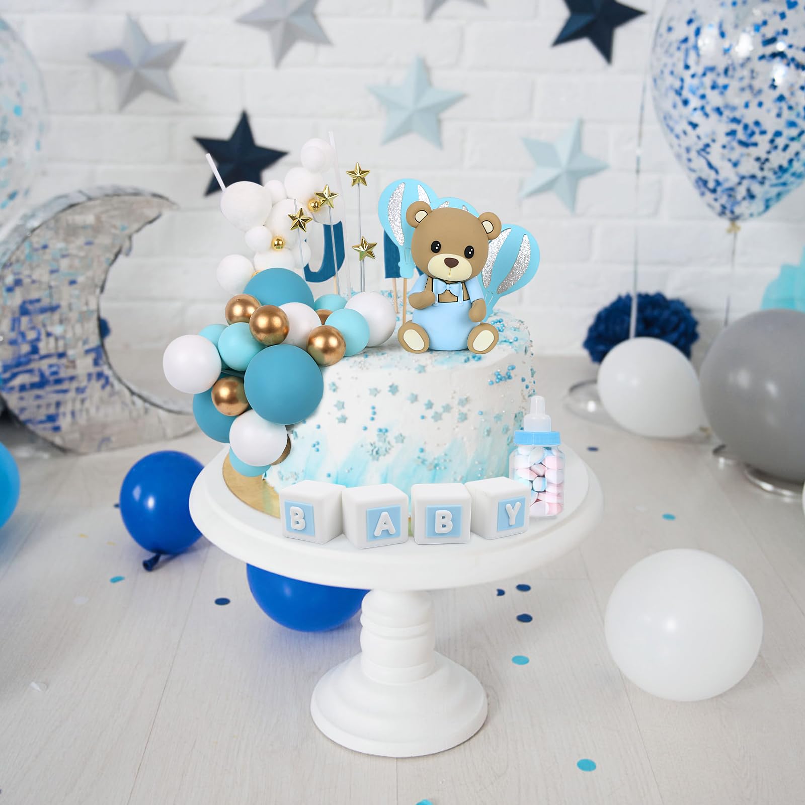 Acmee 44 PCS Bear Cake Toppers - Mini 3D Bear BABY Letters Milk Bottle Blue Gold Foam Balls Cake Toppers for Boy Girl Birthday Party Baby Shower Cake Decorations