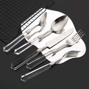 JASHII 5pcs Silver 304 Stainless Steel Flatware Cutlery Set with Transparent Acrylic Handle Diamond Shape, Matte Knife Fork Spoon Set, Dishwasher Safe for Home Wedding Hotel