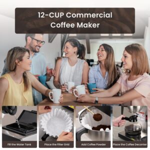 SYBO 12-Cup Commercial Coffee Maker, Pour Over Drip Coffee Maker Brewer with 3 Lower Warmers and 3 Glass Decanters, Stainless Steel Cafetera