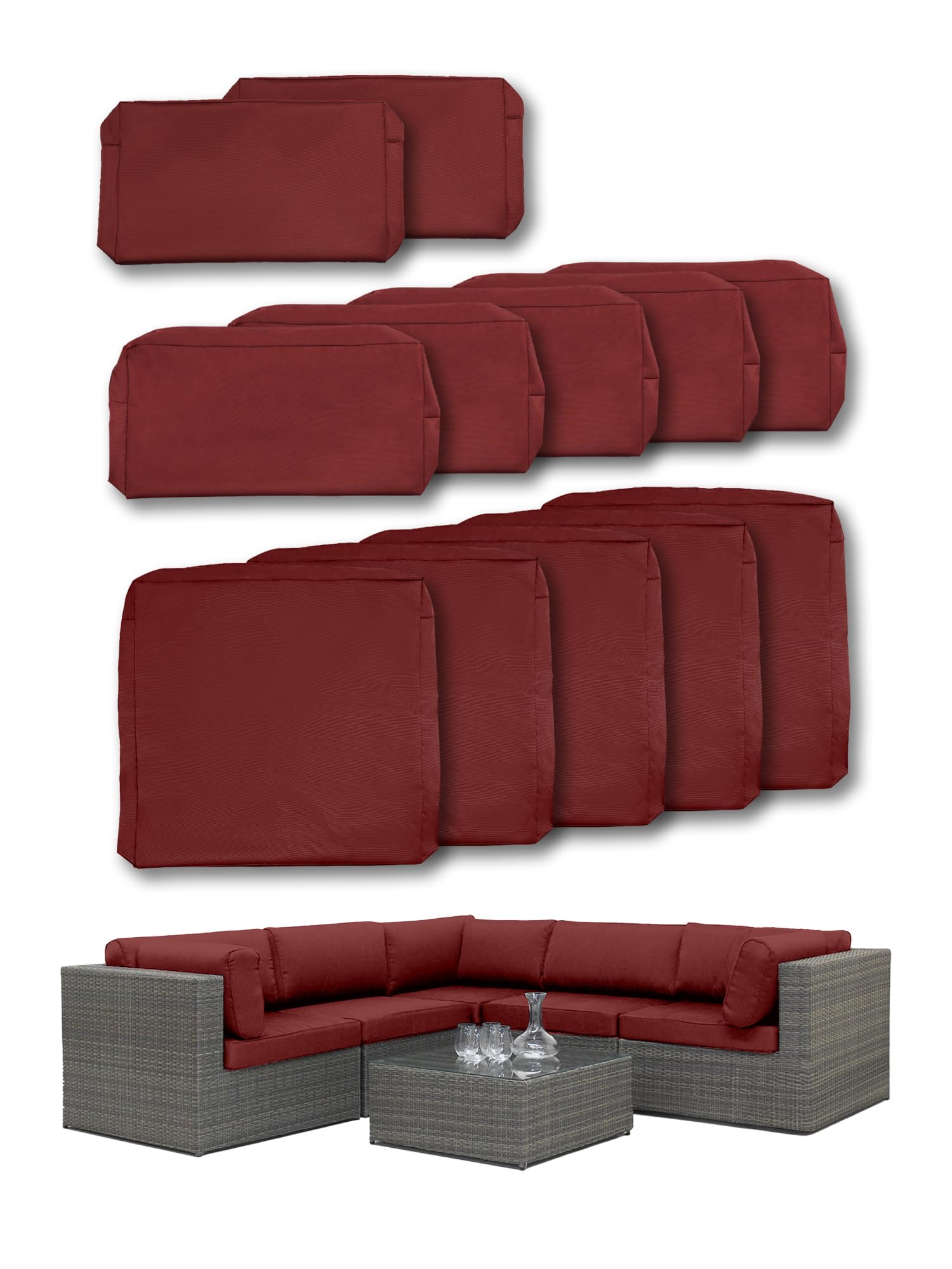 OmniBuy Premium 12 Pack Outdoor Seat Cushions - Custom Fit 6 Seat 7 Piece Wicker Rattan Patio Furniture - Upholstered Chair Replacement Covers (Burgundy)