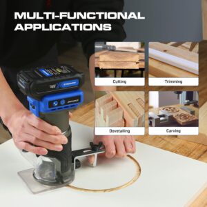 AMPFORCE 20V Cordless Router Tool, 6 Variable Speeds 30,000RPM Brushless Trim Router, Compact Wood Palm Router for Woodworking with Fixed Base, Trim Router Bits, and 2 Batteries