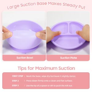 Silicone Baby Feeding Set, Baby Led Weaning Supplies with Suction Bowl Divided Plate, Self Feeding Spoons Forks Sippy Cup Adjustable Bib, Eating Utensils for 6+ Months (Grey Purple)