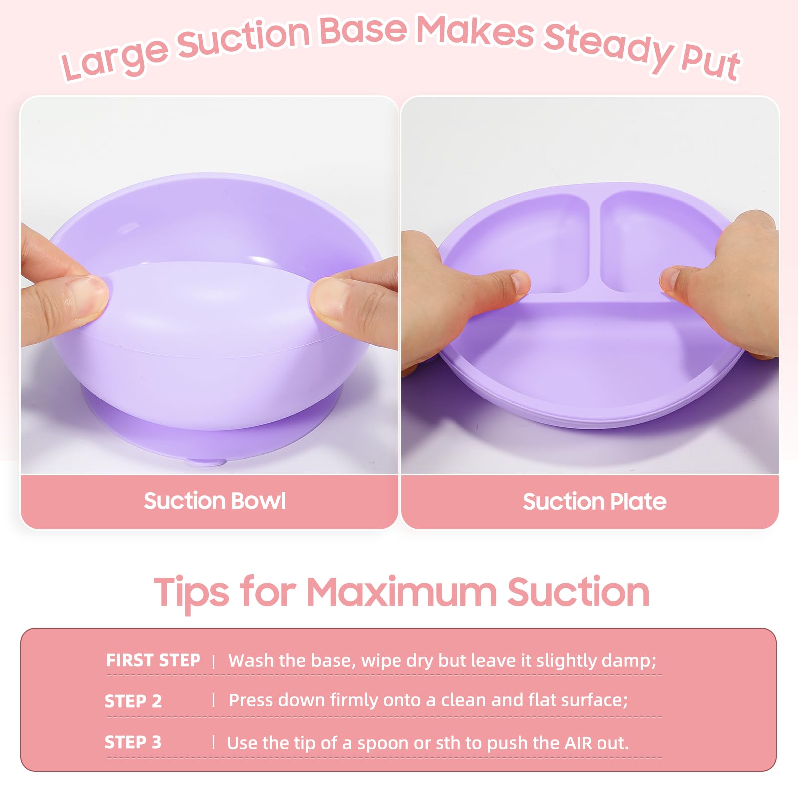 Silicone Baby Feeding Set, Baby Led Weaning Supplies with Suction Bowl Divided Plate, Self Feeding Spoons Forks Sippy Cup Adjustable Bib, Eating Utensils for 6+ Months (Grey Purple)