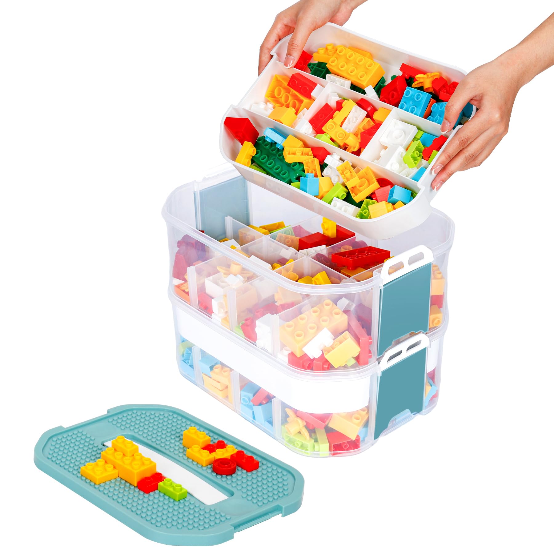 Kids Toy Storage Box for Lego Stackable Plastic Organizer Container Building Block Playroom Organization Bin with Bricks Baseplate Lid 2 Layers Clear Adjustable Compartments Portable Chest Case