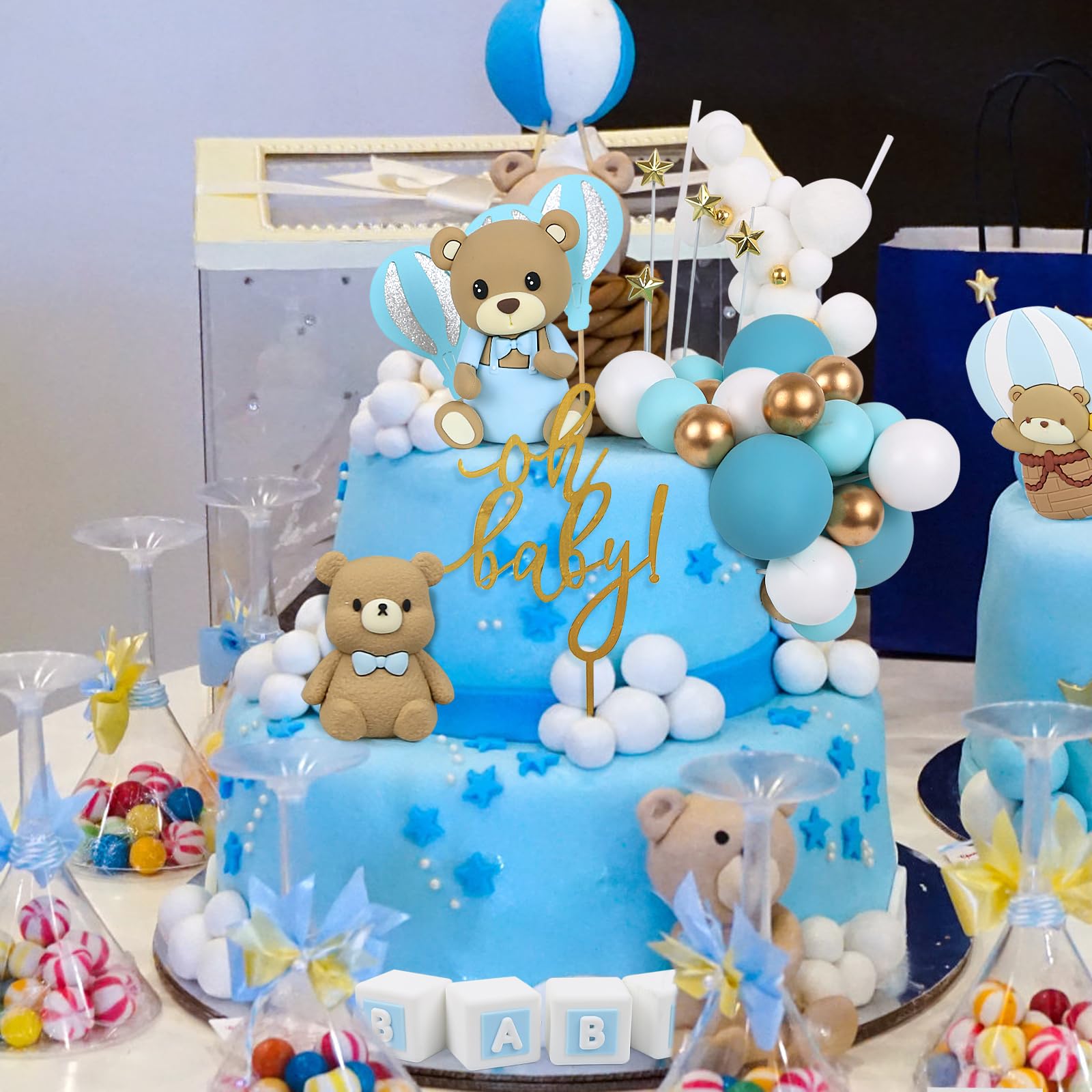 Acmee 44 PCS Bear Cake Toppers - Mini 3D Bear BABY Letters Milk Bottle Blue Gold Foam Balls Cake Toppers for Boy Girl Birthday Party Baby Shower Cake Decorations