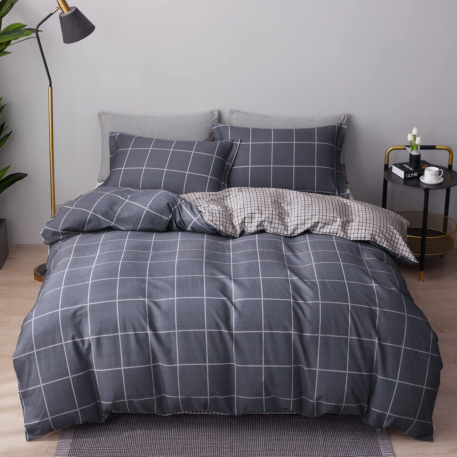 SAPHREAS Boy Gray Plaid Duvet Cover Set Twin Size Bedding Comforter Cover Set 2pcs 1 Duvet Cover 1 Pillow Sham with Zipper