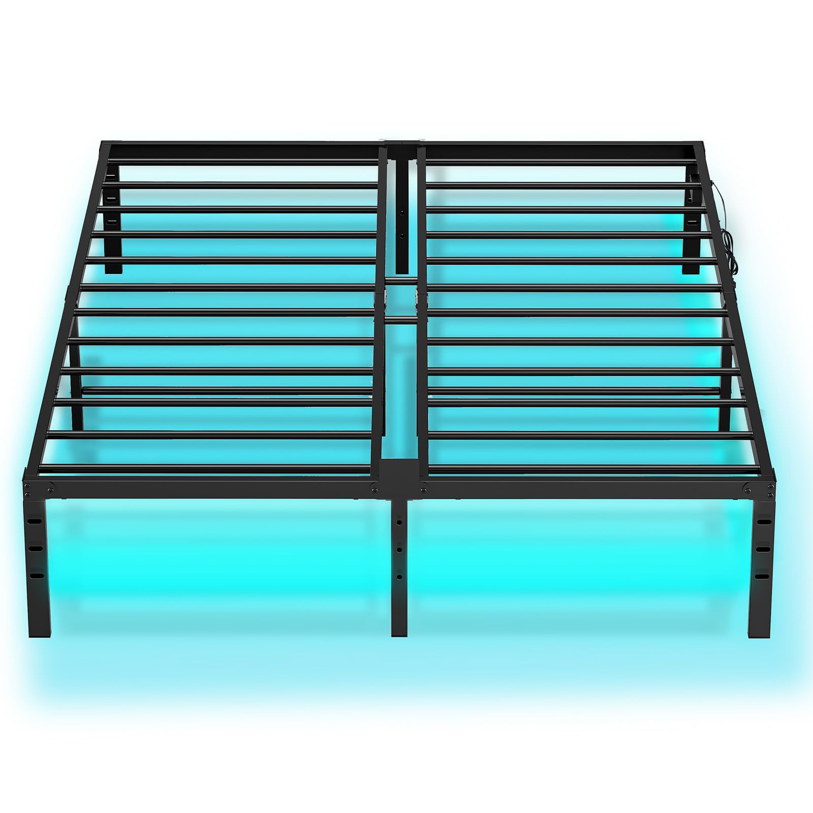 HOOBRO Queen Bed Frame with LED Lights, Metal Platform Bed Frame with Charging Station, 2 Outlets and 2 USB Ports, Heavy Duty Queen Size Bed Frame with End Stop, Ample Under Bed Space, Black