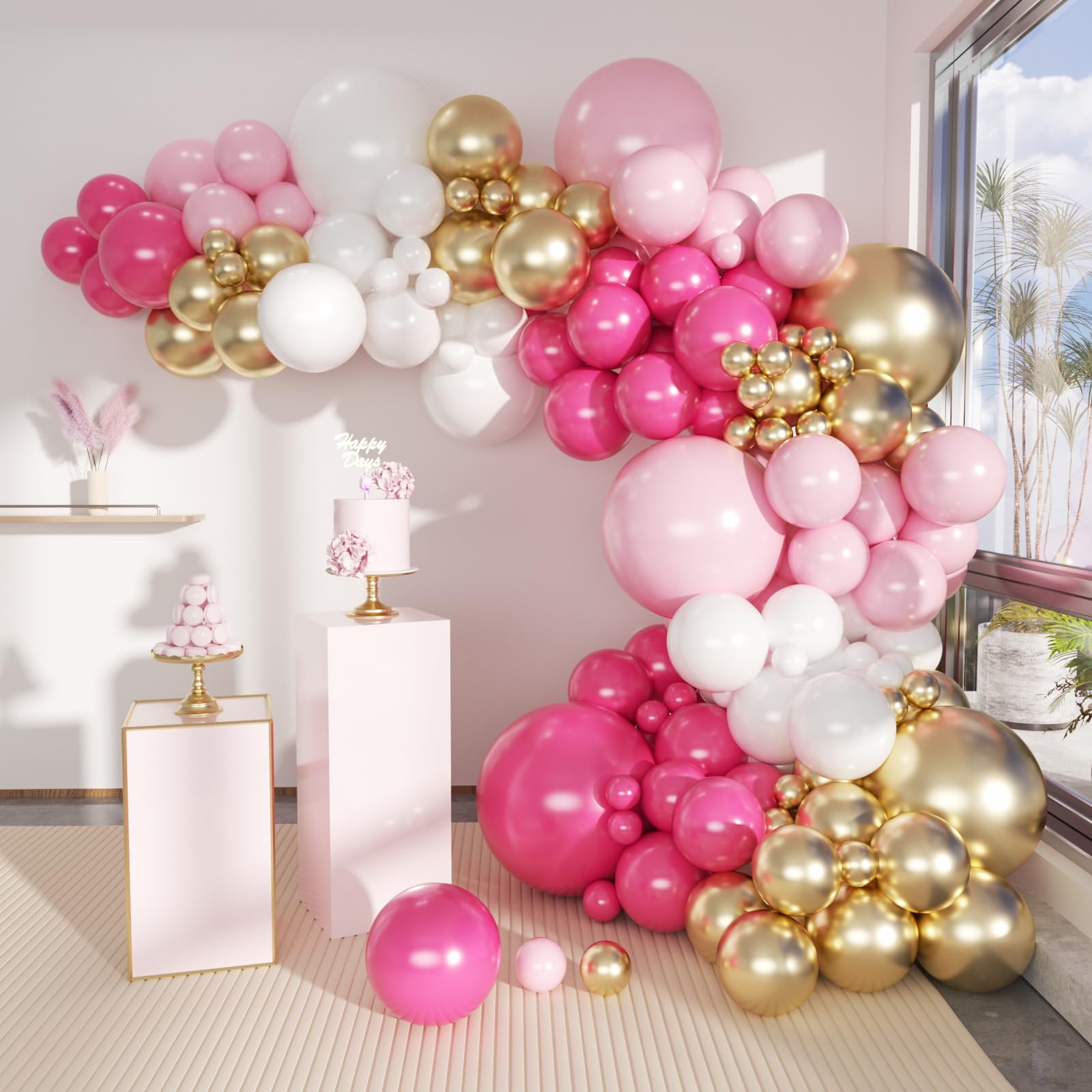 MOXMAY 141 Pack Gold Rose Pink White Balloons Garland Arch Kit for Bridal Shower Girl Birthday Wedding Baby Shower Anniversary Party Supply