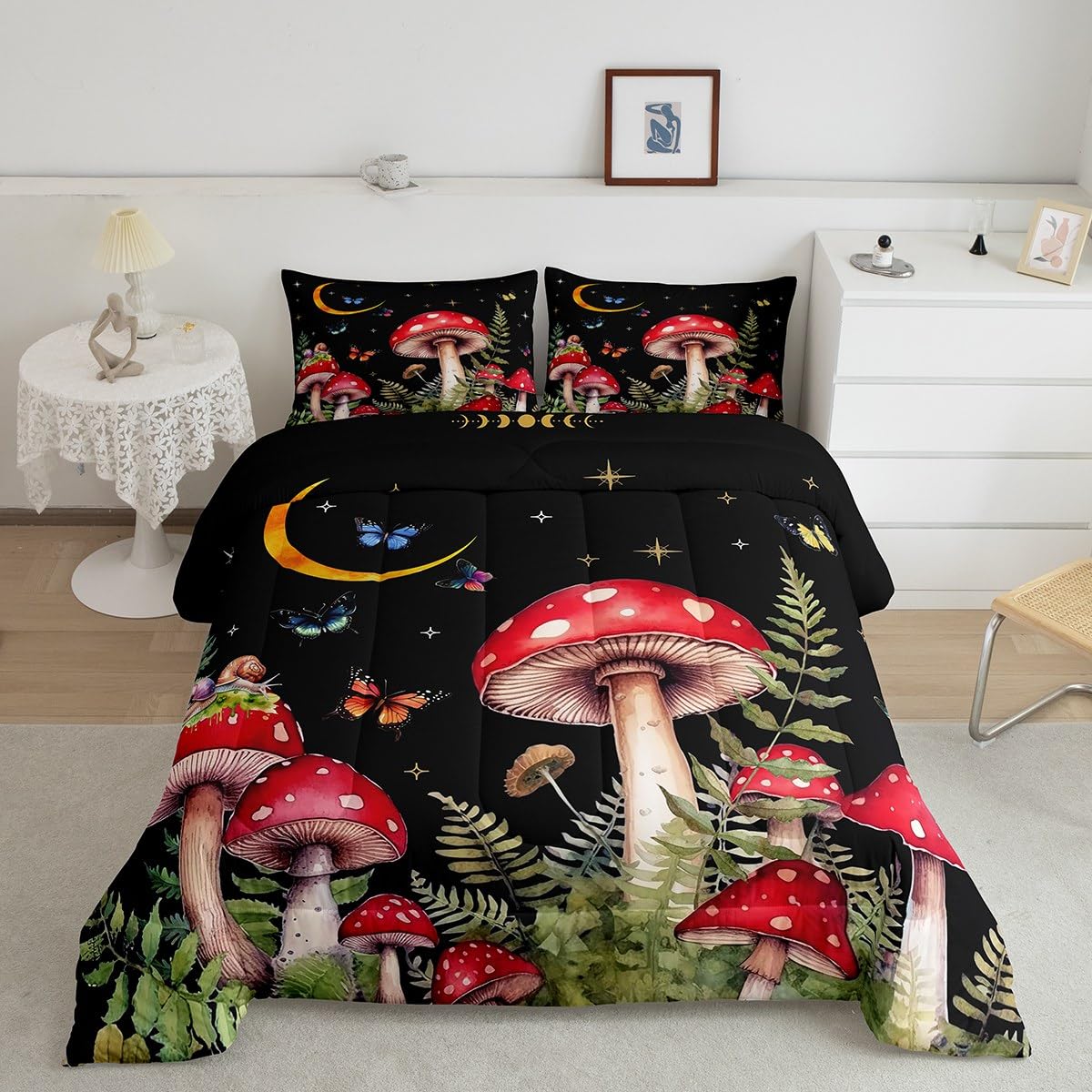 Erosebridal Twin Comforter Set for Girls Boys Kids Black Mushroom Bedding Set Kawaii Room Decor,Wild Fungus Plants Nature Comforter Set Star Moon Starry Sky Butterfly Bed Set 2Pcs