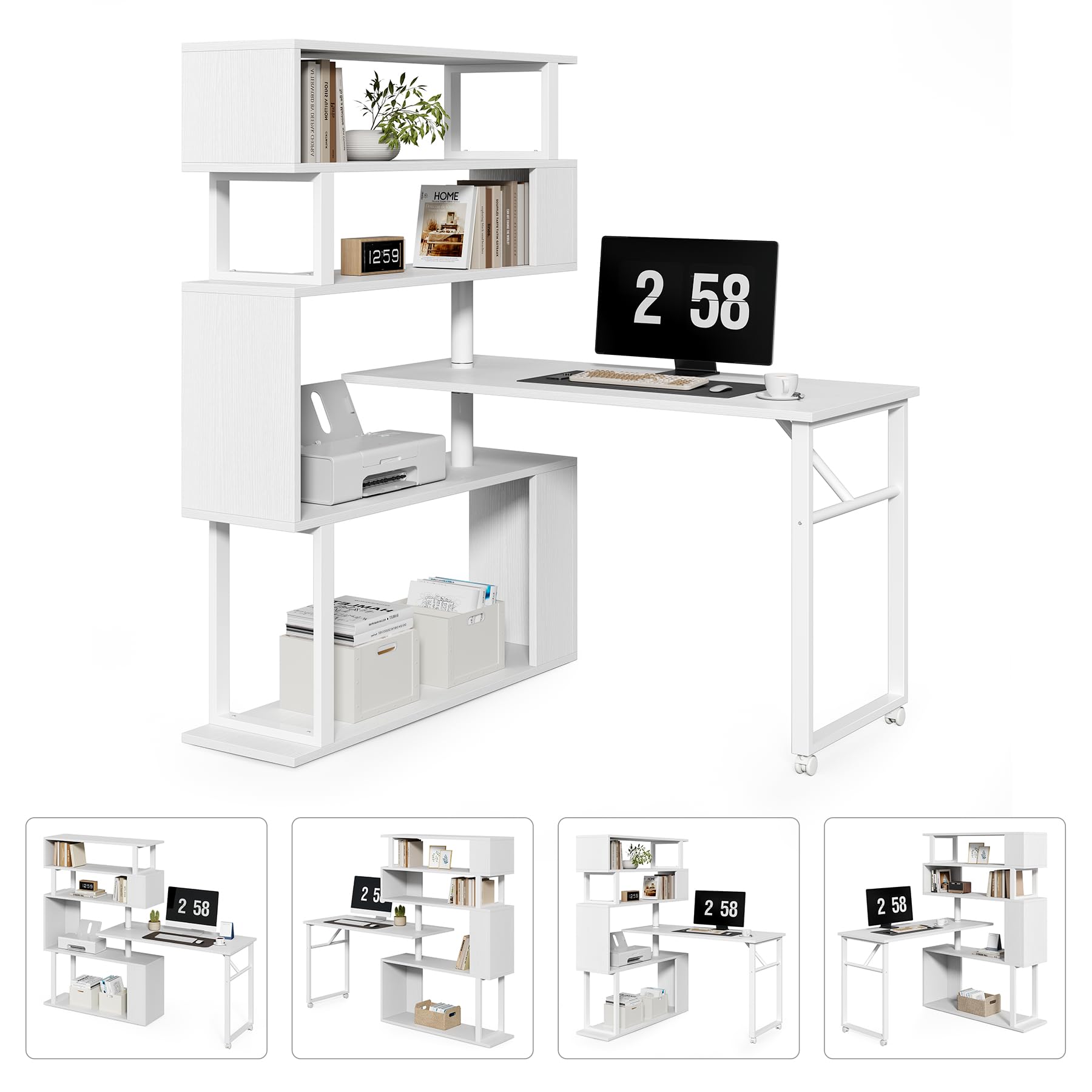 LITTLE TREE White Rotating Desk with Bookshelf, L-Shaped Computer Desk with Shelves, Reversible Writing Desk and Bookcase Combo with Storage for Home Office