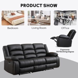 EBELLO Faux Leather Manual Reclining Sofa with 2 Concealed Cup Holders,Overstuffed Armrest 3 Seat Recliner Sofa, Couch for Living Room, Bedroom, Meeting Room, Black, Sofa