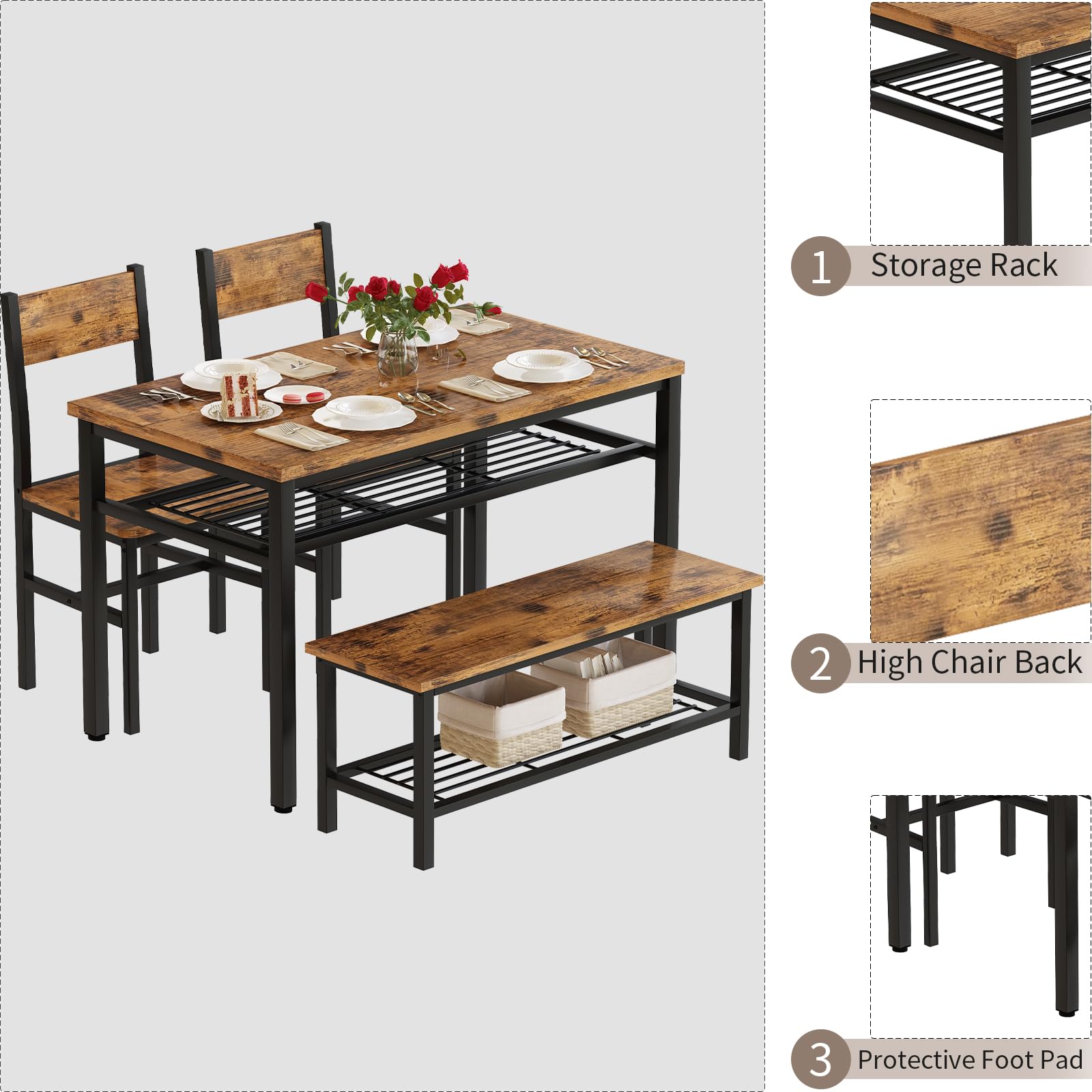 Lamerge Kitchen Tables Set for 4, Rectangular Dining Room Table Set with Bench and Chairs, 4 Pieces Dining Room Table Set with Storage Rack for Small Space, Breakfast Nook and Apartment, Rustic Brown