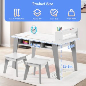 Kids Art Table, 2-in-1 Kids Craft Table and Art Table and Chairs Set with 2 Stools and 3 Storage Drawers, Wooden Drawing and Painting Art Easel Set, Kids Toddler Activity Table (White)