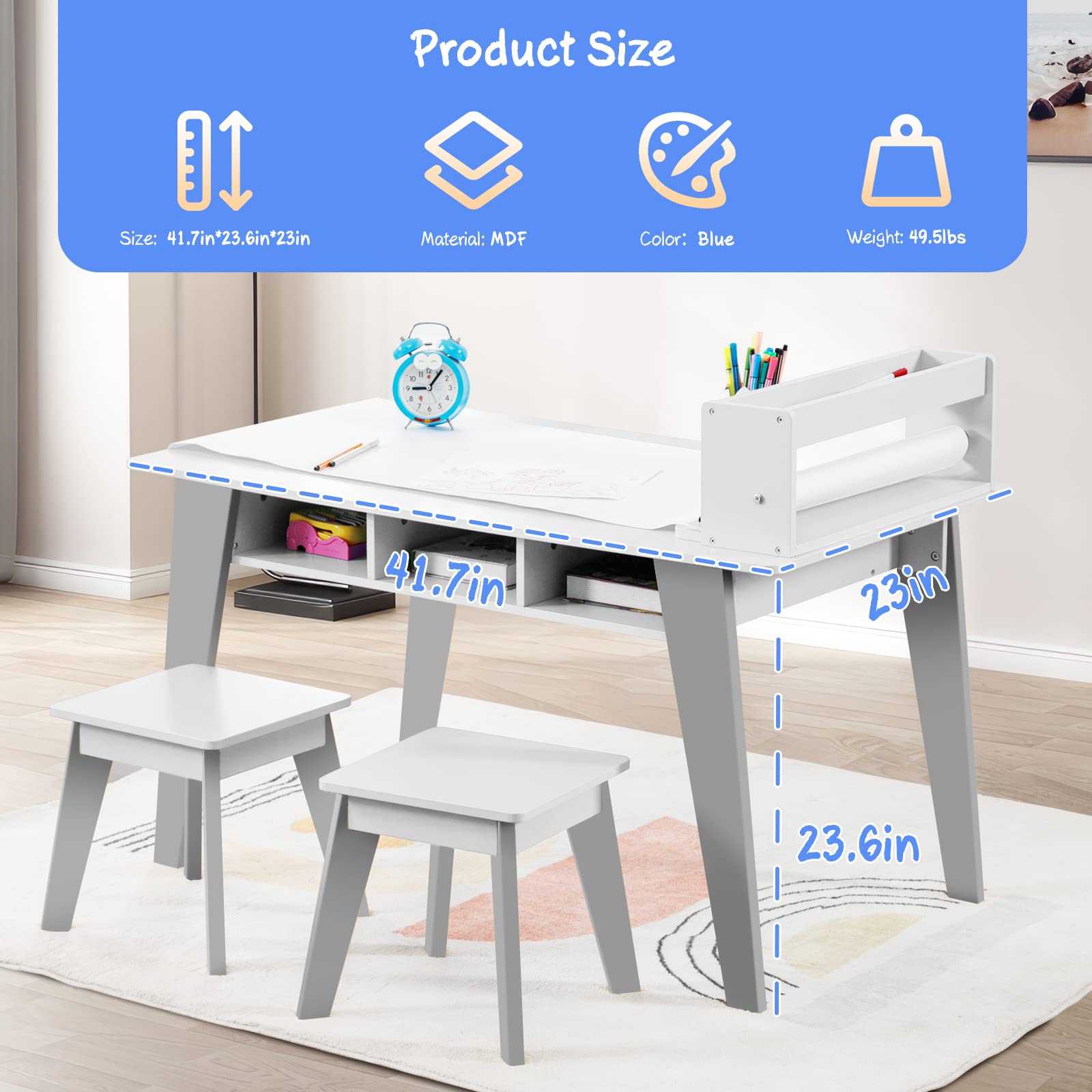 Kids Art Table, 2-in-1 Kids Craft Table and Art Table and Chairs Set with 2 Stools and 3 Storage Drawers, Wooden Drawing and Painting Art Easel Set, Kids Toddler Activity Table (White)