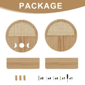 LUPWNEKA Rattan Circle Shelf Set of 2, Natural Wood Shelves Wall Mount, Boho Nursery Floating Shelves with Wooden Hooks, Rustic Decorative Shelves for Clothes Hats, Kitchen, Bathroom, Living Room