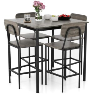 giantex 5-piece dining table set w/counter height table & 4 bar stools, modern kitchen dining set w/footrest & backrest, space-saving dinette set for pub, dining room, restaurant (black oak)