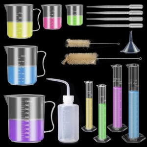 aeseusia graduated cylinders plastic beakers, 10ml 25ml 50ml 100ml plastic measuring cylinders, 50ml 100ml 250ml 500ml 1000ml plastic beakers with pipettes,plastic funnel,wash bottle and brushes