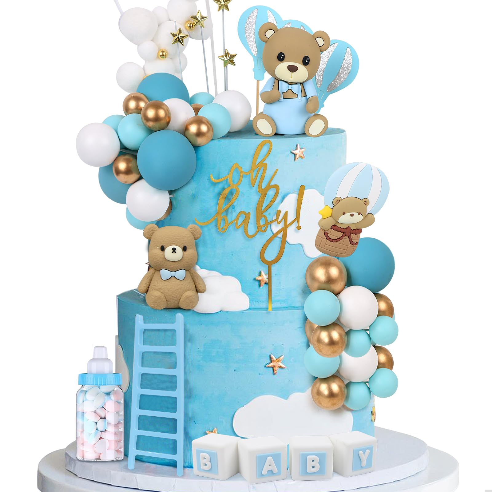 Acmee 44 PCS Bear Cake Toppers - Mini 3D Bear BABY Letters Milk Bottle Blue Gold Foam Balls Cake Toppers for Boy Girl Birthday Party Baby Shower Cake Decorations