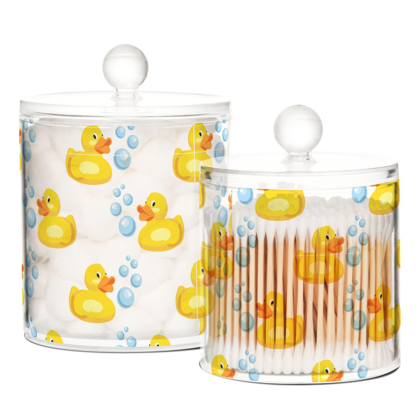 SPRIPORT Yellow Rubber Ducks 2 Pack Qtip Holder Dispenser for Bathroom Canister Storage Organization Clear Plastic Apothecary Jar Set with Lid Countertop Canister for Cotton Swab Ball Pads Hair Clips