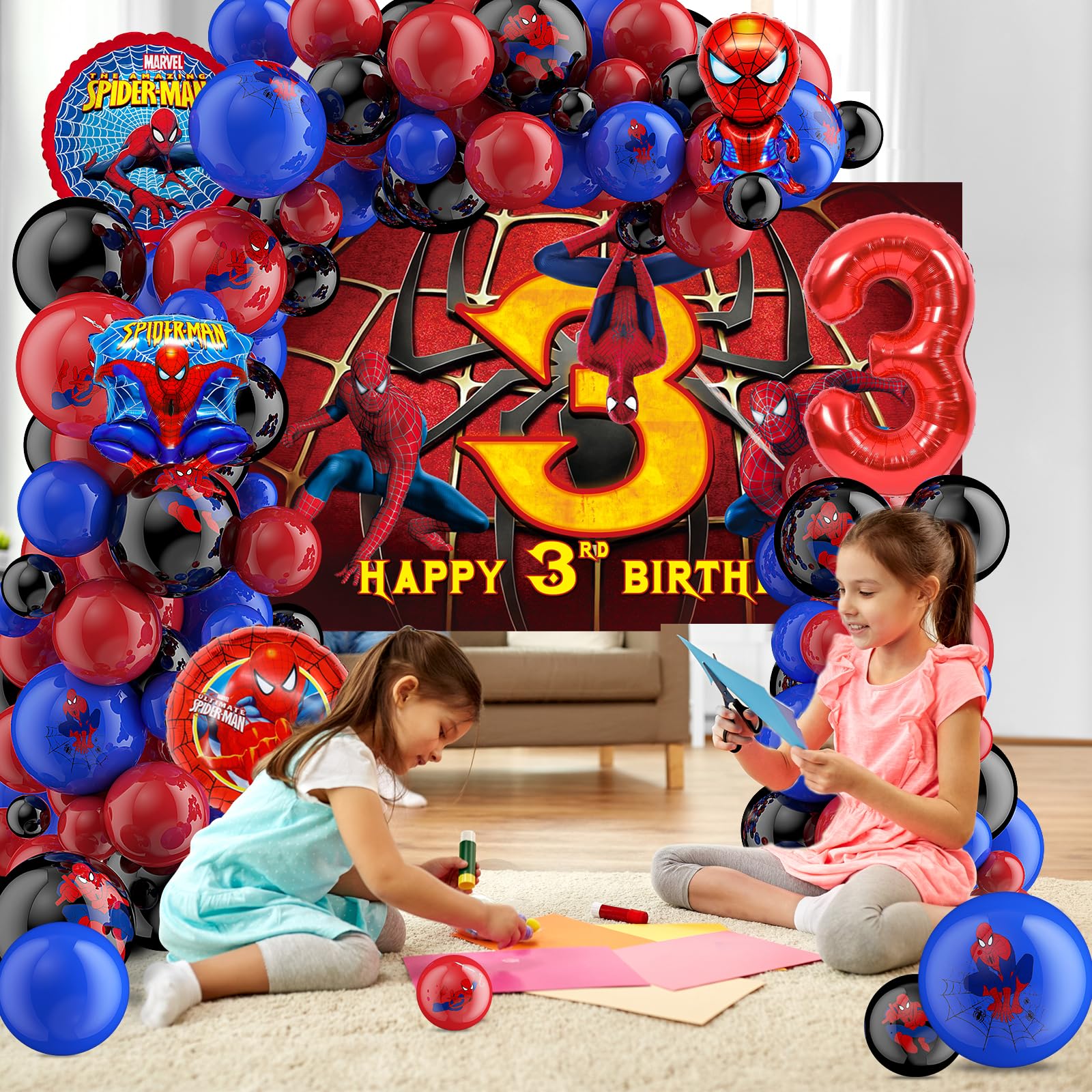 126Pcs Spider 3rd Birthday Party Supplies, Spider Balloon Garland Arch Kit, Include Spider Balloons Arch, Spider Foil Balloon, Spider 3rd Birthday Backdrop Banner for Spider 3rd Birthday (3rd)