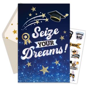 decorably individual seasonal greeting card with envelope & stickers - glittery & holographic graduation card set with embossed graduation cap & badge, 5x8in graduation cards for her