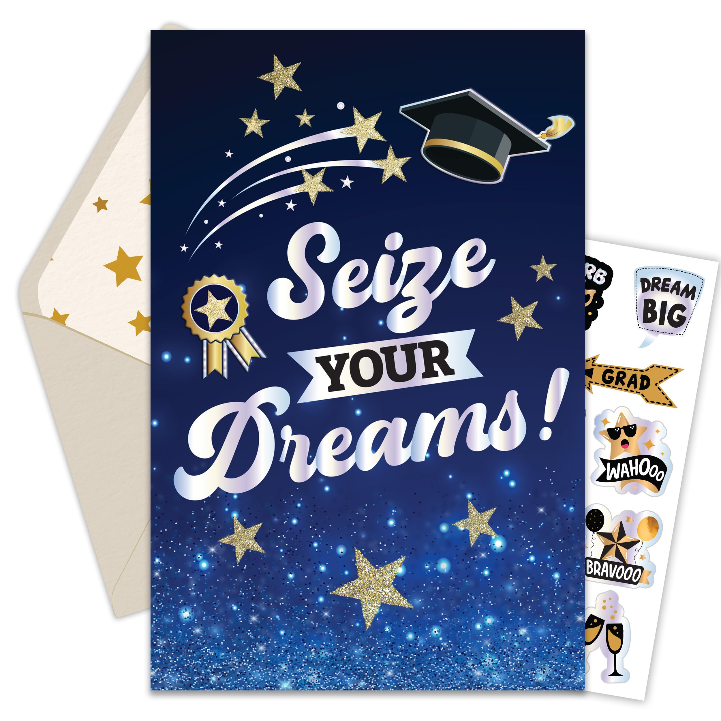 Decorably Individual Seasonal Greeting Card with Envelope & Stickers - Glittery & Holographic Graduation Card Set With Embossed Graduation Cap & Badge, 5x8in Graduation Cards For Her