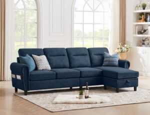 jarenie 107" convertible sectional sofa, 4-seat l shaped couch with storage chaise and side pocket, modern linen fabric sectional couches for living room, dark blue