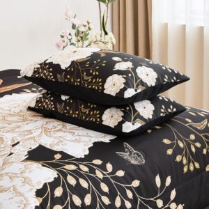 PERFEMET Floral Comforter Set King, White Botanical Flower and Gold Leaves Pattern Printed on Black Design, Soft Reversible Garden Style Butterfly Print Bedding Set for Men Women (Black, King)