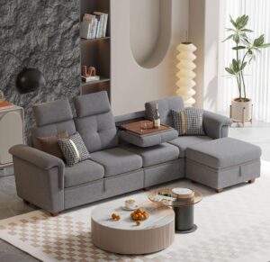 jarenie convertible sectional sofa, 4 seat l shaped couch with reversible storage chaise and cupholder, wooden legs, upholstered fabric for living room, apartment, office (light grey)