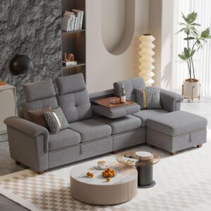 Jarenie Convertible Sectional Sofa, 4 Seat L Shaped Couch with Reversible Storage Chaise and Cupholder, Wooden Legs, Upholstered Fabric for Living Room, Apartment, Office (Light Grey)