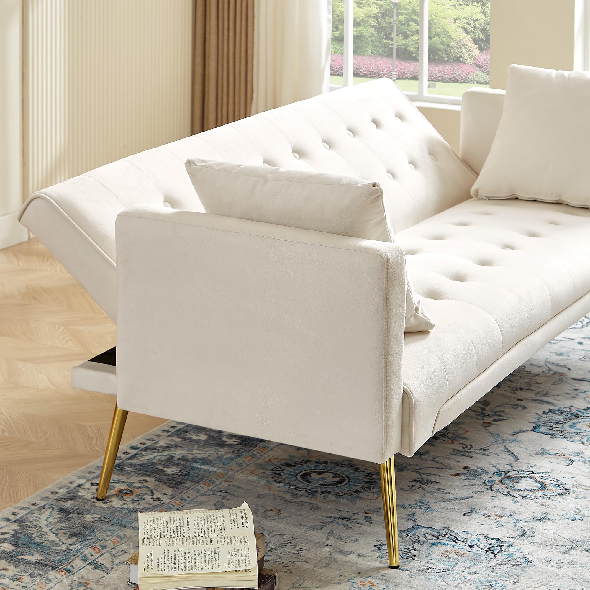 Anwick 72" Velvet Satin Futon Sofa Bed,Convertible Sleeper Couch Bed with 2 Pillows,Modern Tufted Recliner Loveseat with Golden Metal Legs for Small Home Office Living Room (Beige-Button Tufted)