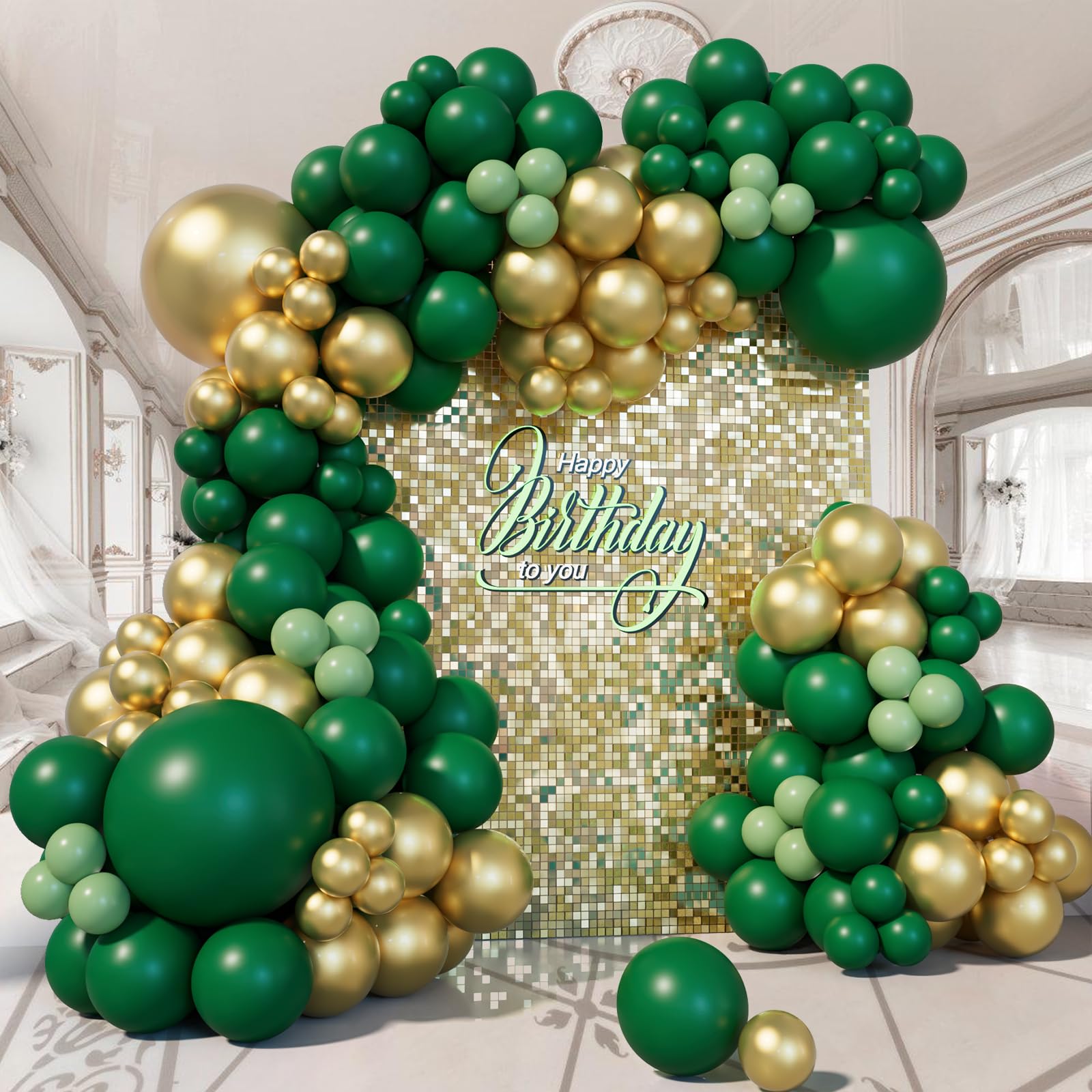 151pcs Green and Gold Balloon Arch Kit, Emerald Forest Hunter Dark Green Metallic Gold Sage Green Balloons for Birthday, Baby Shower, Gender Reveal, Anniversary, Wedding, Jungle Ball Party Decorations