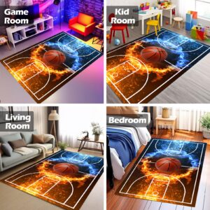 Osimiccp Basketball Rug for Boys Bedroom 5'x7' Non Slip Basketball Court Rug,Fire Printed Sports Rug for Living Room Basketball Room Decor