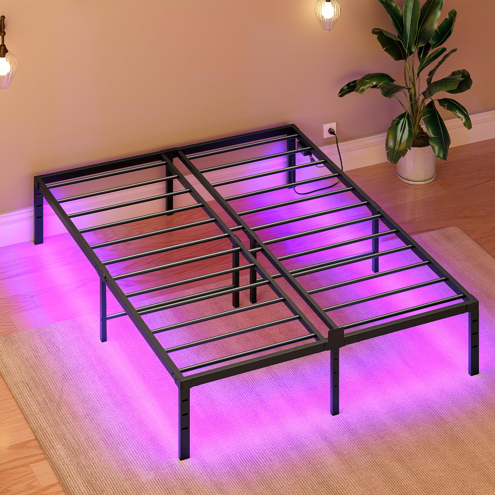 HOOBRO Queen Bed Frame with LED Lights, Metal Platform Bed Frame with Charging Station, 2 Outlets and 2 USB Ports, Heavy Duty Queen Size Bed Frame with End Stop, Ample Under Bed Space, Black