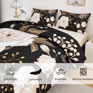 PERFEMET Floral Comforter Set King, White Botanical Flower and Gold Leaves Pattern Printed on Black Design, Soft Reversible Garden Style Butterfly Print Bedding Set for Men Women (Black, King)