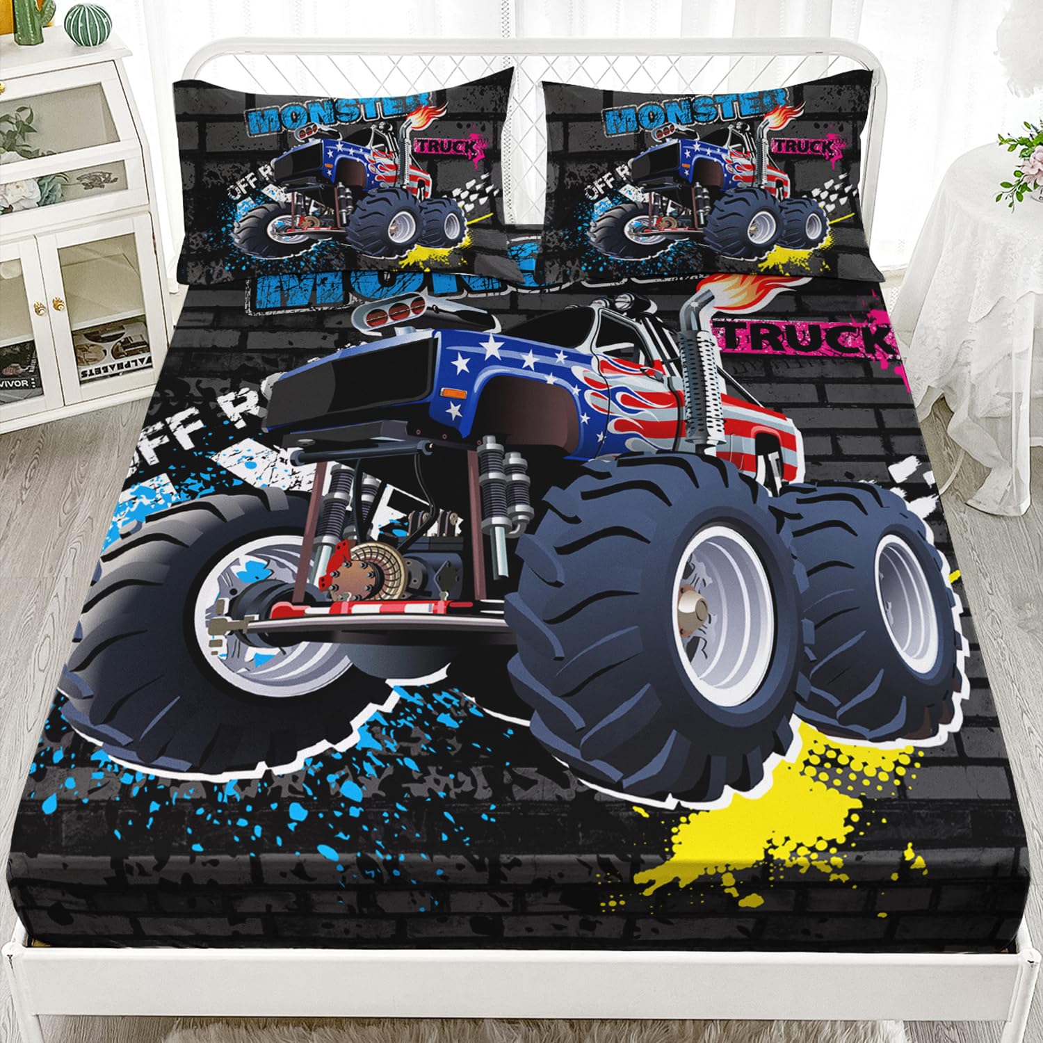 AILONEN Cartoon Monster Truck Fitted Sheet Set Full Size,Popular Large Monster Truck Bed Sheet Set,Cartoon Car Bed Sheet Set for Boys Kids Truck Sheet Set 3 Pieces, 1 Fitted Sheet and 2 Pillowcases