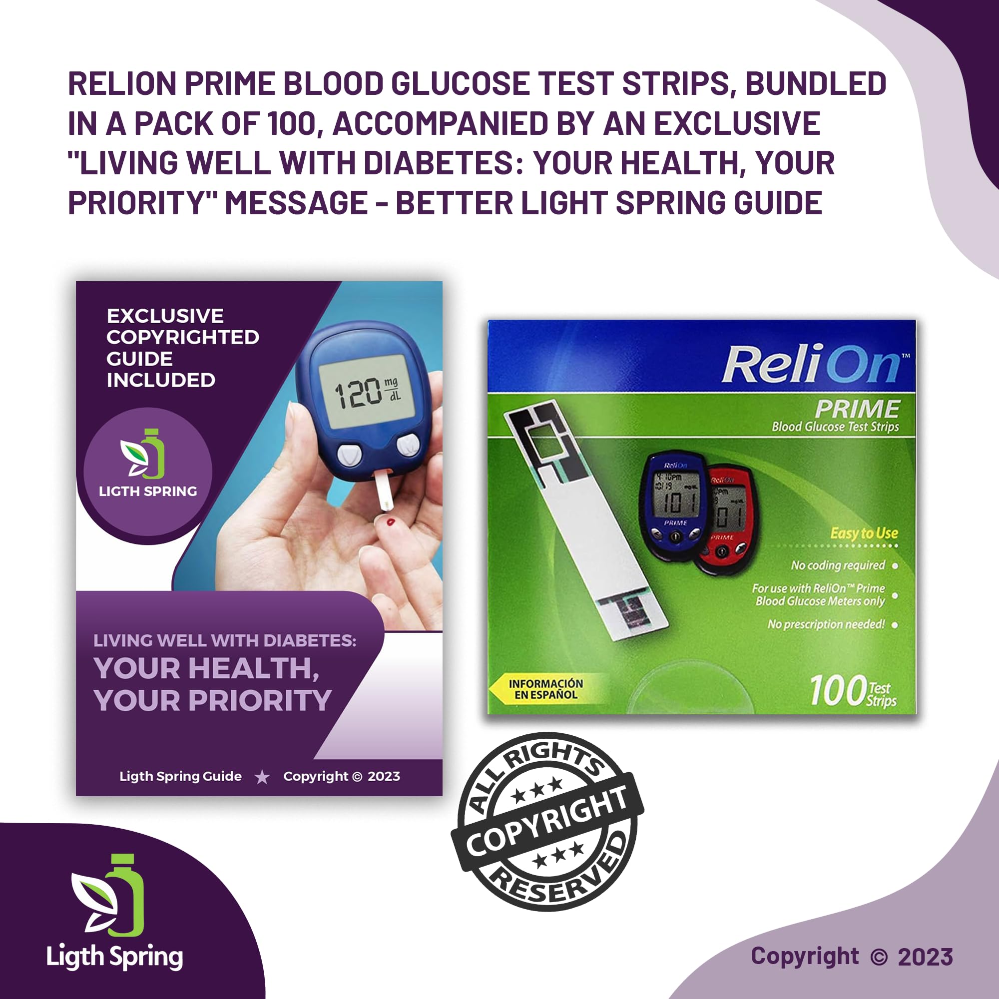 ReliOn Prime Blood Glucose Test Strips, 100 Ct Bundle with Exclusive Living Well with Diabetes: Your Health, Your Priority - Better Light&Spring Guide (2 Items)