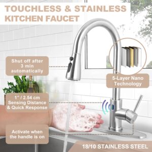 Touchless Kitchen Sink Faucet with Pull Down Sprayer, Herogo Brushed Nickel Stainless Steel Smart Activated Kitchen Faucet with Soap Dispenser, Single Handle Motion Sensor Faucet for Farmhouse RV Sink