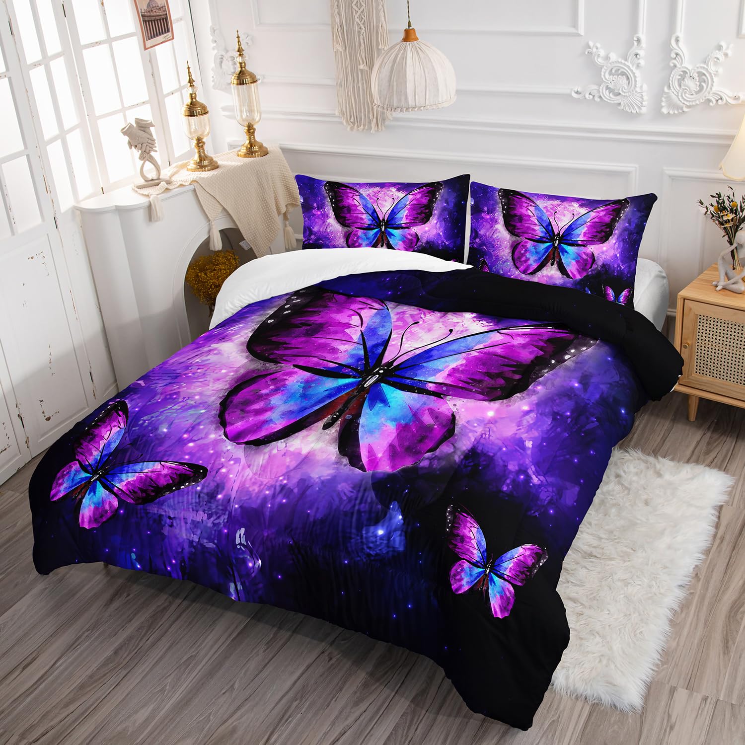 AILONEN Beautiful Butterfly Comforter Set Twin Size, Glowing Purple Butterfly Bedding Set for Girls Women,Bohemian Style Bed in a Bag,Starry Night Duvet Set,1 Quilt 2 Pillowcases,3 PCS