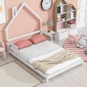 Floor Bed for Kids, Full Size Montessori Bed with House Shape Headboard, Wood House Bed with Slats for Boys Girls, Low Platform Bed, No Box Spring Needed, White