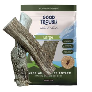 good trouble pets all-natural shed premium antler dog chews - north american sourced deer antlers for dental health & anxiety relief - odor-free & non-toxic chew toys for dogs 2 whole antlers, large