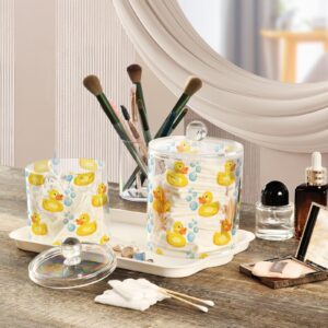 SPRIPORT Yellow Rubber Ducks 2 Pack Qtip Holder Dispenser for Bathroom Canister Storage Organization Clear Plastic Apothecary Jar Set with Lid Countertop Canister for Cotton Swab Ball Pads Hair Clips