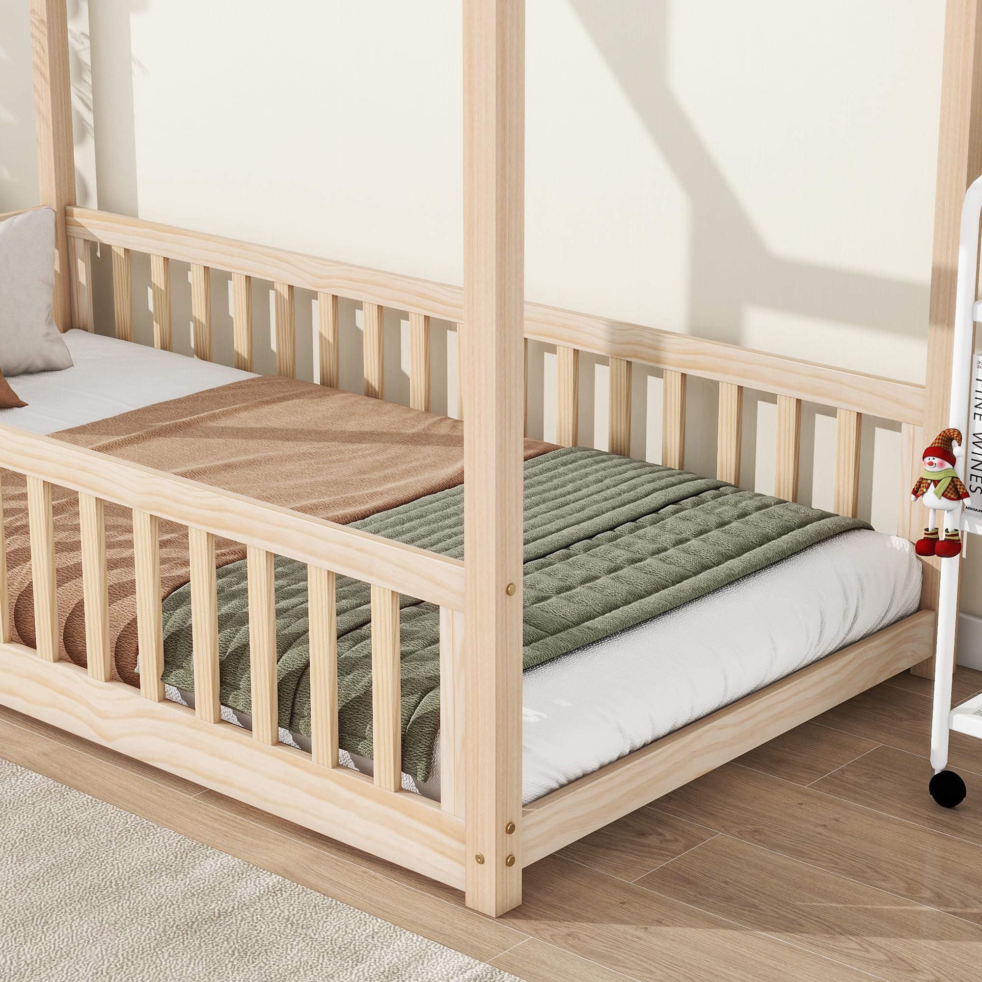 MERITLINE Twin Size Floor Bed for Kids, Wooden Twin Montessori Floor Bed Frame with Rails and Slats, Twin House Bed for Kids, Girls & Boys, Natural