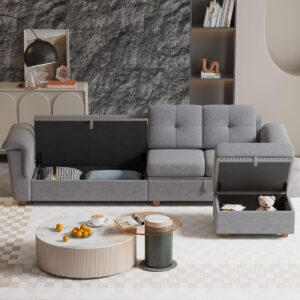 Jarenie Convertible Sectional Sofa, 4 Seat L Shaped Couch with Reversible Storage Chaise and Cupholder, Wooden Legs, Upholstered Fabric for Living Room, Apartment, Office (Light Grey)