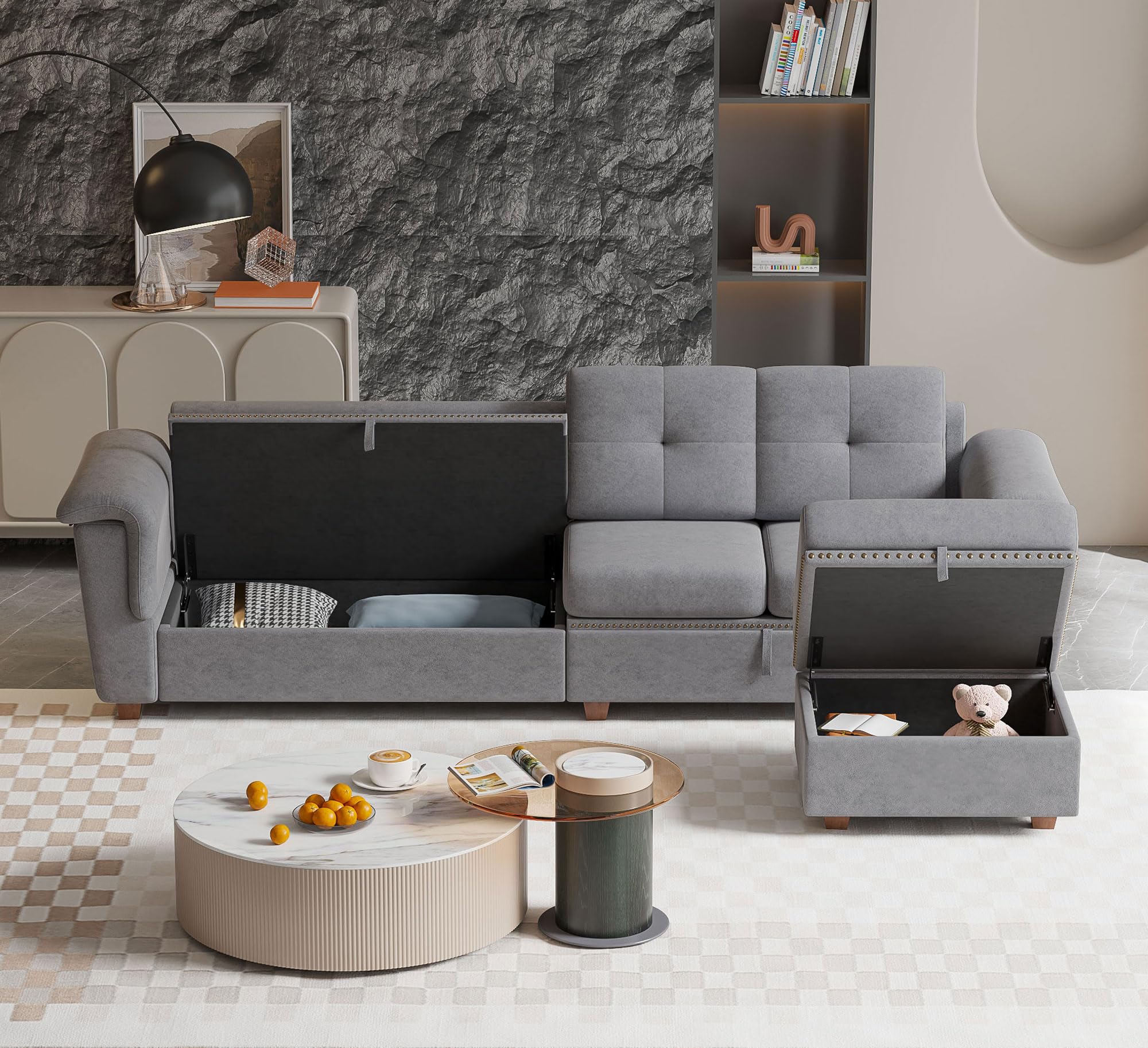 Jarenie Convertible Sectional Sofa, 4 Seat L Shaped Couch with Reversible Storage Chaise and Cupholder, Wooden Legs, Upholstered Fabric for Living Room, Apartment, Office (Light Grey)